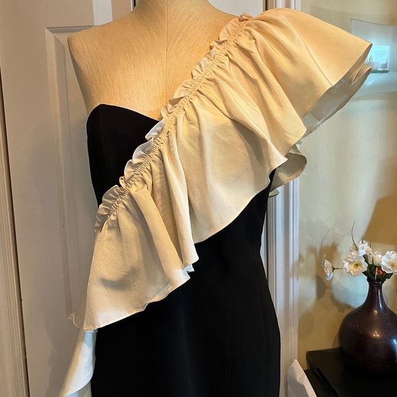 Cinq a Sept Black One Shoulder Dress with Cream Ruffle - Picture 2 of 4